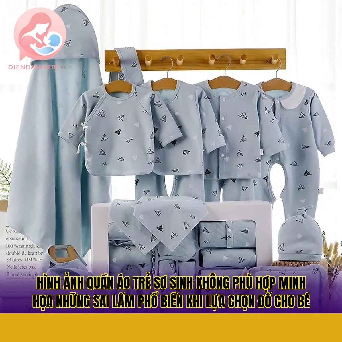 Hình ảnh quần áo trẻ sơ sinh không phù hợp minh họa những sai lầm phổ biến khi lựa chọn đồ cho bé