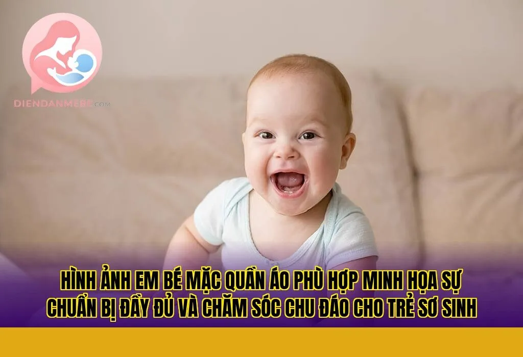Hình ảnh em bé mặc quần áo phù hợp minh họa sự chuẩn bị đầy đủ và chăm sóc chu đáo cho trẻ sơ sinh